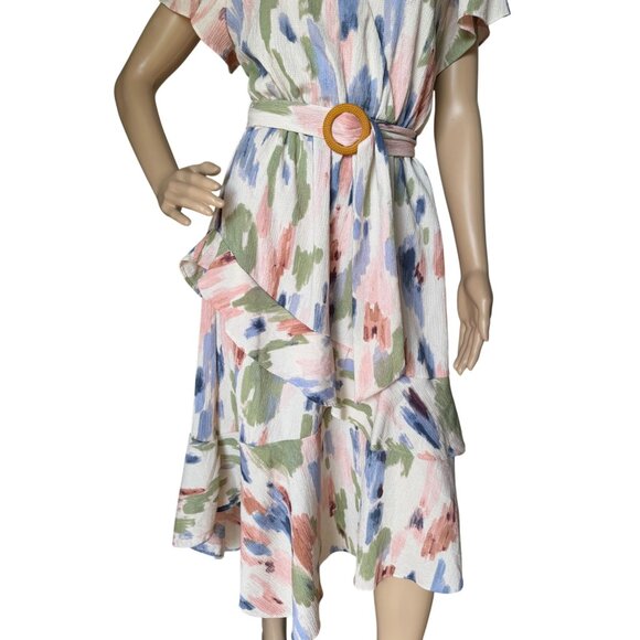 Sofia Jeans Sofia Vergara Ruffle Faux Wrap Midi Dress Size M Pastel Multicolor - Picture 5 of 13
